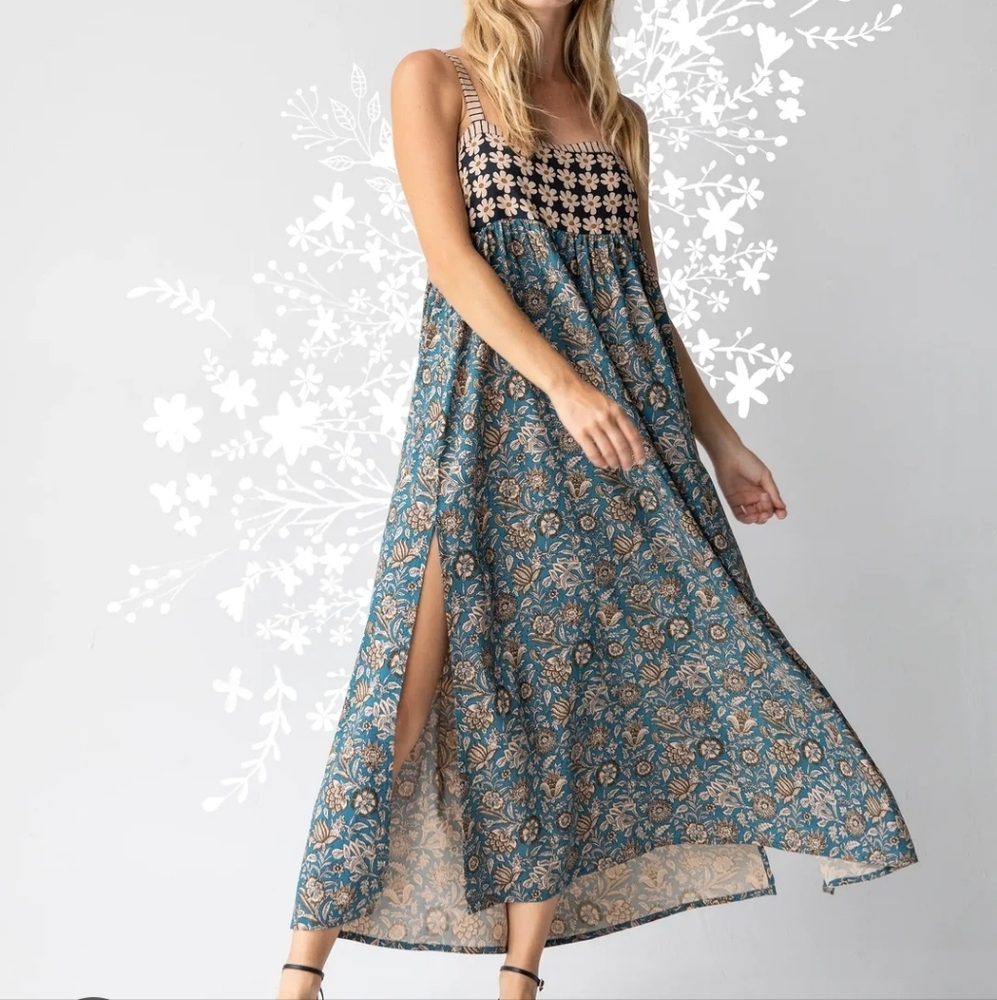 Natural Life Patti Side Slit Maxi Dress Teal Cream Mixed Floral Size XL